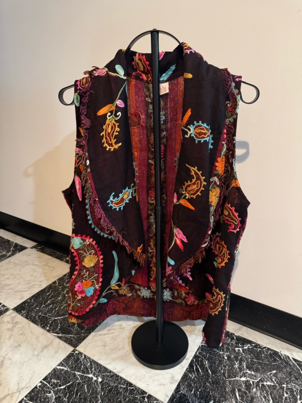 ANU Embroidered Wool Vest Boho Paisley Floral Open Front India Artisan Large